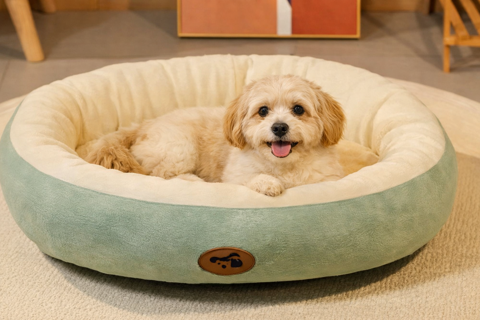 green calming dog bed with small dog for anxiety relief