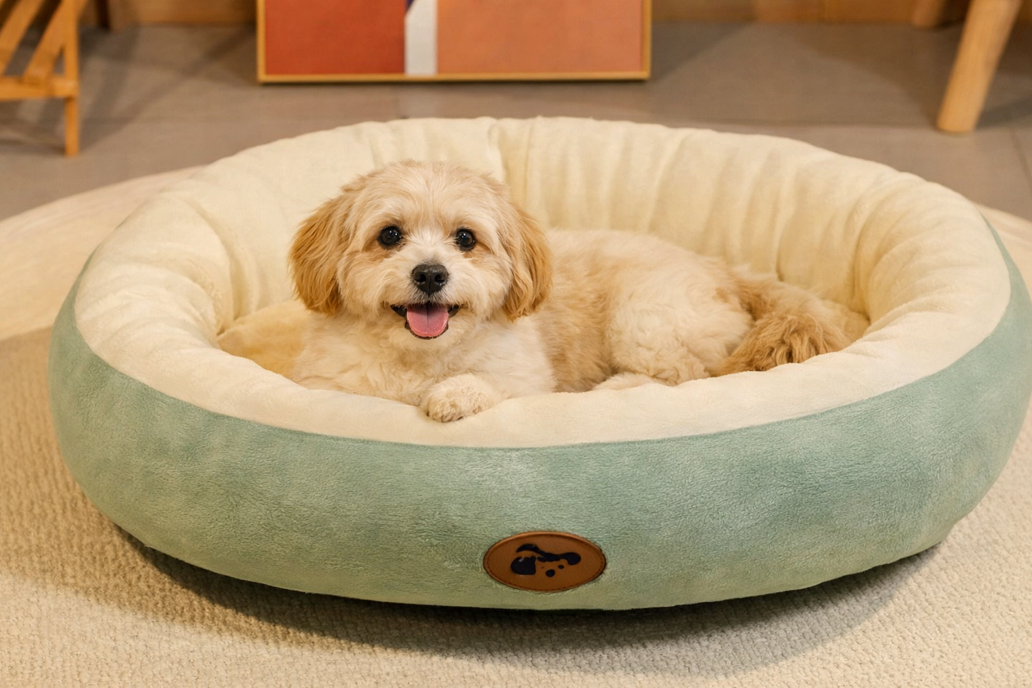 Dog lying on a round, cushioned pet bed with a soft texture.